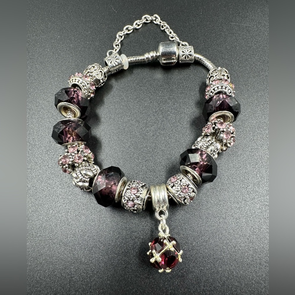 Slider Charm Bracelet Deep Purple and Silver Ornate and Faceted Beads